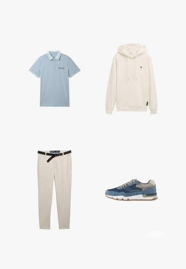 Creme hoodie med snoretræk i hætten, ribbede manchetter og nederkant. Har et lille sort logo på den venstre front. Glat struktur, materiale i bomuldsblanding.; Lysblå polo-shirt i blødt stof, med kravehals, to-knap placket og kontrasterende hvid kant på ærmer og krave.; Beige bukser med slim fit, der har et sort bælte, to forlommer og et struktureret stof. Størrelse 32 x 32.; TOM TAILOR LICENCE SNEAKER MIT -BLOCKING - Sneakers - navy