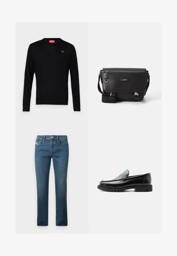 Suéter negro de algodón ligero con cuello en V, mangas largas y un pequeño logo en el lado izquierdo del pecho. La etiqueta muestra "DIESEL" en rojo.; Jeans de mezclilla azul oscuro con un diseño de pierna recta, estilo de cinco bolsillos y un ligero desgaste. Presenta un botón de metal y trabillas para el cinturón.; Mocasín de cuero negro con suela de goma gruesa, empeine cosido y nombre de la marca en relieve en el talón, mostrado en perfil lateral sobre fondo blanco.; Bolso mensajero Lacoste negro texturizado con correa ajustable, tapa frontal, bolsillo con cremallera y cierres de hebilla metálica.