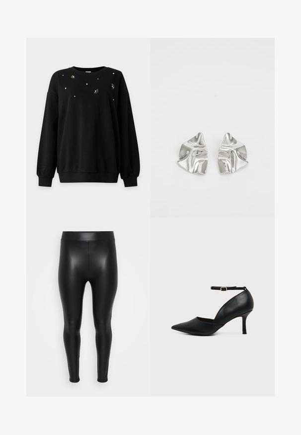 Sort langærmet sweatshirt med små hvide og perlefarvede blomsterudsmykninger spredt nær udskæringen og skuldrene.; Sorte leggings lavet af et glat, skinnende materiale. Høj talje, tætsiddende design, og ingen synlige sømme eller mønstre.; Sort læder sko med spids tå, kitten heel, ankremme og gylden spænde på neutral baggrund.; Sølvmetal øreringe med et bølgende, skulpturelt design, der har en poleret overflade og uregelmæssige former, hvilket fremhæver en moderne æstetik.