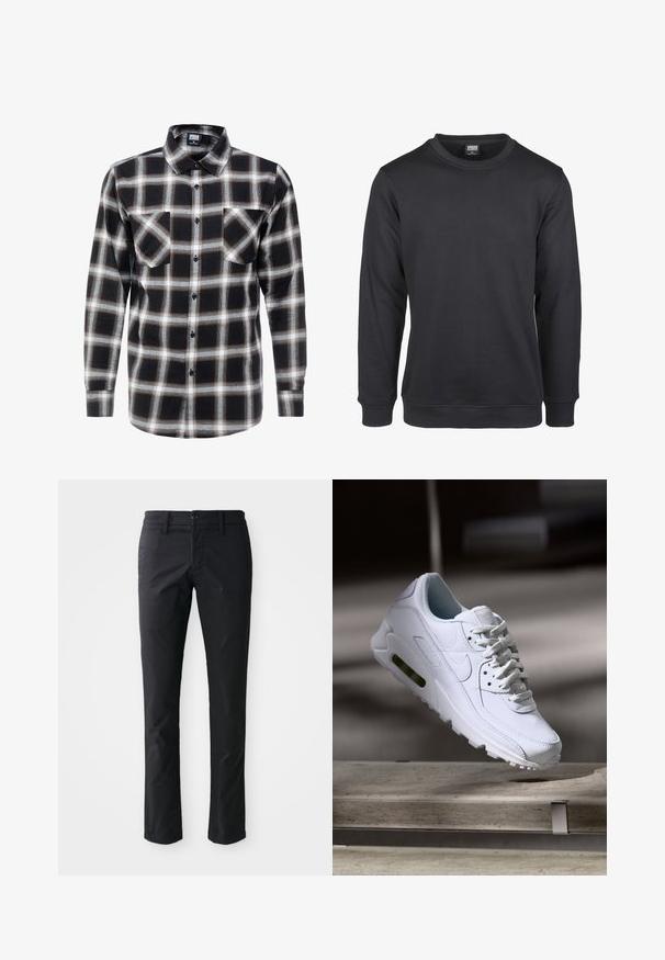 Sort sweatshirt lavet af en bomuldsblandingsmateriale, med rund hals, lange ærmer, ribbede manchetter og en regular fit design.; Langærmet ternet skjorte i sort, hvid og brun. Har en krave med knaplukning og to brystlommer med knaplukning.; Sorte lige ben bukser lavet af glat stof med en enkelt knaplukning og bæltestropper. Minimalistisk design uden synlige mønstre.; Hvide lædersneakers med teksturerede overflader, polstret krave og synlig luftpolstring i sålen. Har snørrebånd og et minimalistisk design.