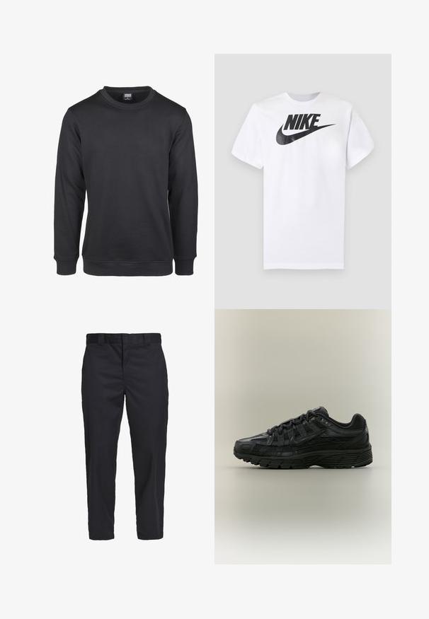 Sweatshirt noir en mélange de coton, avec un col rond, des manches longues, des poignets côtelés et une coupe régulière.; T-shirt blanc à manches courtes avec logo Nike noir et swoosh centré sur la poitrine, sur un fond gris uni.; Chinos noirs en coton léger, avec une coupe droite, des poches latérales et une fermeture à bouton à la taille.; Chaussure de course Nike noire avec tige en mesh et synthétique, fermeture à lacets et semelle texturée, vue de côté gauche sur fond uni.