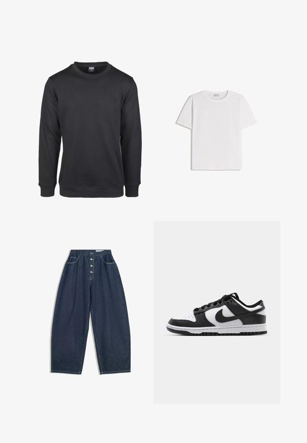 Schwarzer Sweatshirt aus Baumwollmischung, mit Rundhalsausschnitt, langen Ärmeln, gerippten Bündchen und regelmäßigem Schnitt.; Weißes Baumwoll-T-Shirt mit Rundhalsausschnitt und kurzen Ärmeln. Klassische, kastige Form ohne sichtbare Muster oder Verzierungen.; Dunkelblaue Denim-Hose mit weiter Beinform und hoher Taille, fünfknöpfigem Verschluss und fünf Taschen. Mit Steppnähten an den Nähten.; Schwarze und weiße Nike Dunk Sneakers mit einem Obermaterial aus Leder, perforierter Zehenpartie, schwarzen Schnürsenkeln und einer schwarzen Gummisohle mit Profildesign.