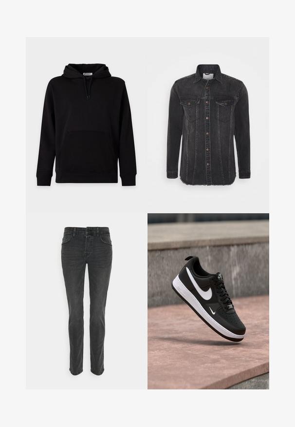 Sweat à capuche noir avec poche kangourou à l’avant, cordons de serrage et poignets et ourlet côtelés, présenté sur un fond clair uni.; Veste en denim noir à manches longues, fermeture à boutons, deux poches poitrine et ourlet effiloché. Présente un léger décoloration et des détails cousus.; Jeans en denim noir avec une coupe droite, cinq poches et des coutures discrètes. Le tissu a une finition lisse et légèrement texturée.; Baskets Nike Air Force 1 noir et blanc suspendues au-dessus d'une surface en béton rose avec un fond en pierre grise.