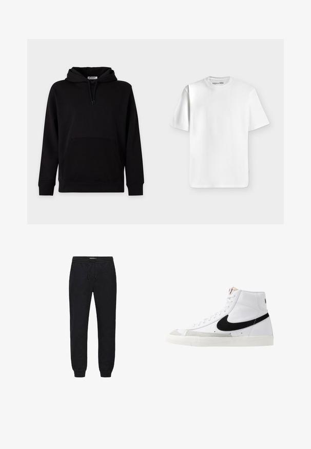 Sweat à capuche noir avec poche kangourou à l’avant, cordons de serrage et poignets et ourlet côtelés, présenté sur un fond clair uni.; T-shirt blanc uni à manches courtes et col rond, posé à plat sur un fond gris clair avec une petite étiquette de marque à l’intérieur du col.; Pantalon de jogging noir avec taille élastique et cordon de serrage. Bords-côtes aux chevilles et tissu doux assurent confort et coupe décontractée.; Baskets montantes blanches avec un swoosh noir, un capuchon de pied texturé gris et une semelle plate blanche. Elles possèdent six œillets et des accents cousus.