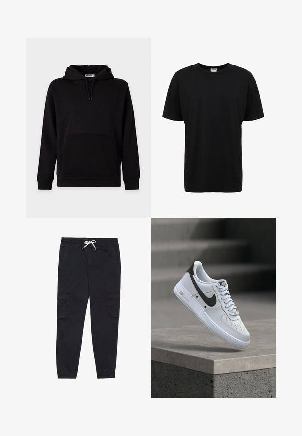 Sweat à capuche noir avec poche kangourou à l’avant, cordons de serrage et poignets et ourlet côtelés, présenté sur un fond clair uni.; T-shirt en coton noir à col rond avec des manches courtes, coupe standard, texture lisse, et sans motifs ni accents visibles.; Pantalons cargo noirs en coton, avec une taille élastique et un cordon de serrage, des poches latérales et des poignets fuselés.; Baskets blanches Nike Air Force 1 avec logo Swoosh noir, flottant au-dessus d'un rebord en béton avec des escaliers flous en arrière-plan.