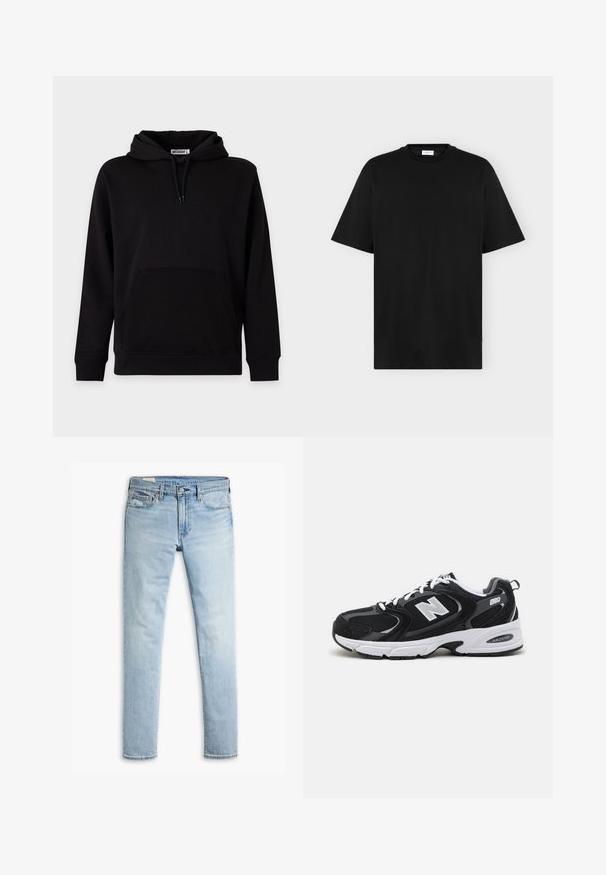 Sweat à capuche noir avec poche kangourou à l’avant, cordons de serrage et poignets et ourlet côtelés, présenté sur un fond clair uni.; T-shirt noir à manches courtes, col rond, coupe droite, présenté sur un fond uni gris clair.; Jeans en denim slim-fit bleu clair avec fermeture à bouton et fermeture éclair, poches avant et passants de ceinture sur fond blanc.; Baskets de sport noires et grises avec un tige en mesh et en suède, présentant une semelle intermédiaire blanche, des lacets et un logo "N" audacieux sur le côté.