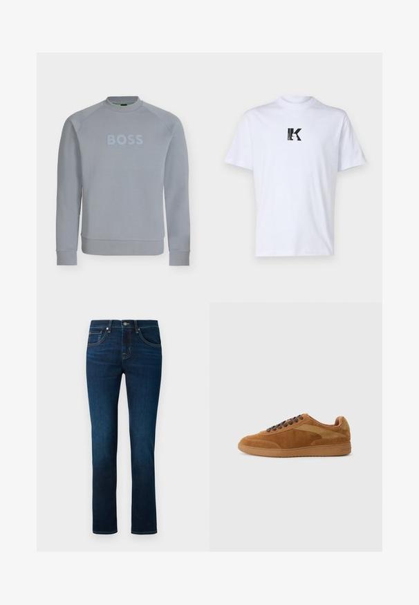 Hellgraues Sweatshirt mit Rundhalsausschnitt und langen Ärmeln, mit geprägtem „BOSS“-Schriftzug auf der Brust, gerippten Bündchen und Bund.; Weißes Baumwoll-T-Shirt mit einem schwarzen Grafiklogo, das den Buchstaben "K" in einem quadratischen Design zeigt. Klassischer Rundhals und kurze Ärmel.; Dunkelblaue Jeans mit geradem Bein, klassischem Fünf-Taschen-Design und dezenten Stickdetails. Hergestellt aus Denim-Stoff.; Braune Wildleder-Sneaker mit beigen Akzenten, runder Zehenpartie, flacher Sohle und dunkelbraunen Schnürsenkeln. Verfügt über ein schlankes Design und subtile Nähte.