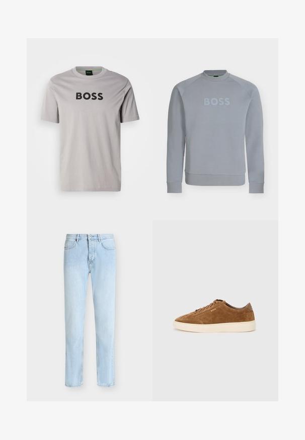 Sweat-shirt gris clair à col rond avec manches longues et texte embossé "BOSS" sur la poitrine, poignets et taille côtelés.; T-shirt gris clair à manches courtes en coton, avec un grand logo noir "BOSS" sur le devant. Col rond classique.; Jean denim bleu clair à jambes droites avec cinq poches, passants pour ceinture, fermeture à bouton et zip à l'avant.; Baskets en daim marron avec bout rond, semelle en caoutchouc crème et lacets ton sur ton. Présentent un logo en relief sur le côté et un panneau arrière lisse.