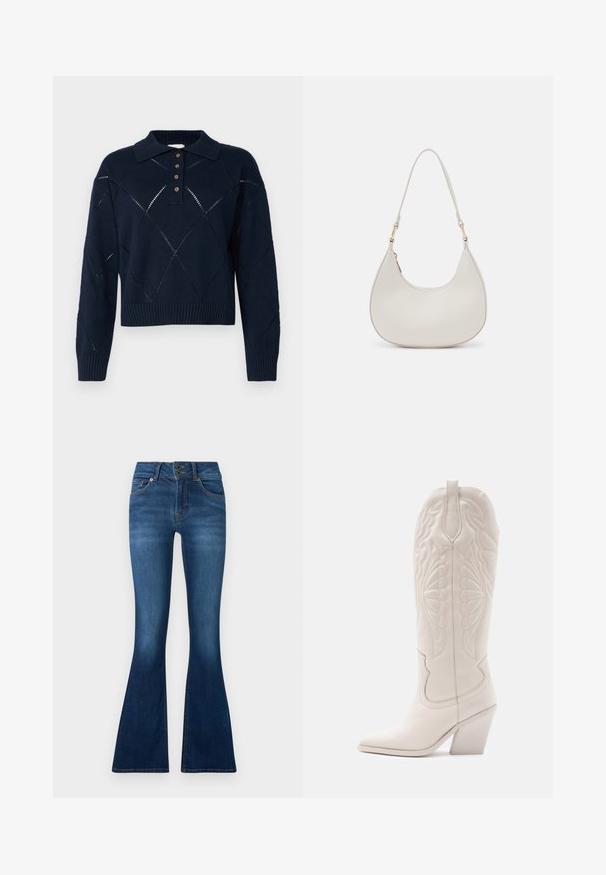 Marineblå strikket pullover med kraveudskæring, der har knaplukning, diamantmønstre og ribstrikkede kanter.; (Udvidede) jeans lavet af mørkeblå denim. Har to-knaps lukning, fem lommer og falmede detaljer på benene. Standard talje design.; Hvide læder cowboystøvler med spidse tæer og blokhæle. Har intrikate syninger på skaftet og en glat tekstur.; Cremefarvet læder skuldertaske med en halvmåneform, tynd rem og diskrete syninger. Minimalistisk design med hardware-accenter i guldton.