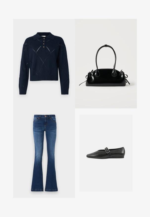 Navy-blauer Strickpullover mit Kragen, der eine Knopfleiste, Rautenmuster und gerippte Säume aufweist.; Ausgestellt geschnittene Blue Jeans aus Denim, mit einer mittelhohen Taille, fünf Taschen und kontrastierenden Nähten entlang der Nähte.; Schwarze Lederflachschuhe mit spitzem Zehenbereich, ausgestattet mit einem metallischen Riemen über dem Spann und einer niedrigen, flexiblen Sohle.; Kleine schwarze glänzende Handtasche mit zwei langen Griffen und seitlichen Kordelzug-Details vor einfachem hellem Hintergrund.