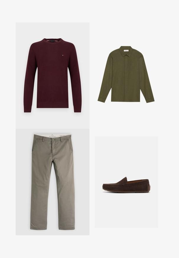 Pull-over bordeaux avec col rond, manches longues, motif tricoté texturé et petit logo sur la poitrine.; Chemise verte olive à manches longues, avec un col pointu, fermeture à boutons à l'avant et un tissu texturé. Design simple et droit sans motifs.; Pantalon droit kaki pour homme avec poches avant, passants pour ceinture et fermeture par bouton, étalé à plat sur un fond blanc.; Mocassin en daim marron foncé avec petit talon, coutures apparentes et semelle en caoutchouc sur un fond blanc uni.