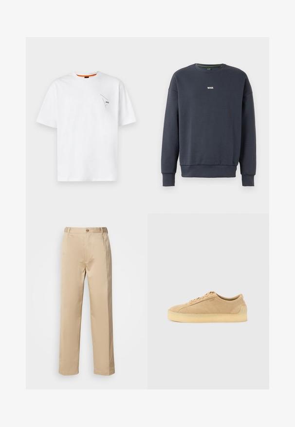 Sweatshirt bleu marine en tissu doux, avec un col rond, des manches longues et un petit logo "BOSS" blanc sur la poitrine.; T-shirt en coton blanc à manches courtes, col rond, avec un petit logo noir sur la poitrine gauche et un accent orange à l'intérieur du col.; Pantalons beiges en tissu léger, avec une coupe droite, une taille avec passants de ceinture et une fermeture à bouton sur le devant.; Baskets basses en daim beige avec semelle épaisse en gomme, fermeture à lacets à l'avant, et logo discret sur le côté, sur un fond uni gris clair.