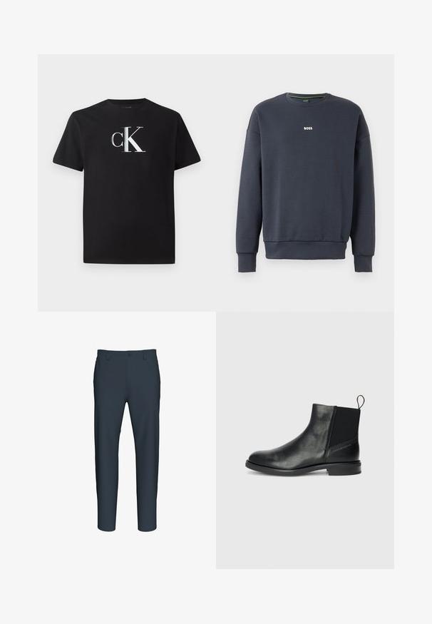 Navyblaues Sweatshirt aus weichem Stoff, mit Rundhalsausschnitt, langen Ärmeln und einem kleinen weißen "BOSS"-Logo auf der Brust.; Schwarzes Baumwoll-T-Shirt mit einem silbernen "ck"-Logo auf der Vorderseite. Kurzärmlig und mit einem runden Halsausschnitt in regulärer Passform.; Dunkelblaue, schmal geschnittene Herrenhose mit Knopfverschluss und Gürtelschlaufen, auf weißem Hintergrund präsentiert.; Schwarze Leder-Ankle-Boots mit elastischen Seitenpaneelen, runder Zehenpartie, niedrigem Blockabsatz und einer Zuglasche auf der Rückseite für ein einfaches An- und Ausziehen.