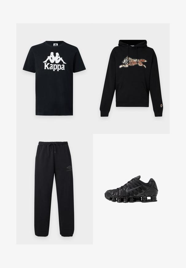 Sweat à capuche noir avec une poche kangourou, arborant un graphique de renard de dessin animé à motif camouflage sur la poitrine et un petit patch de glace sur la manche gauche.; T-shirt noir à manches courtes avec logo Kappa blanc présentant deux silhouettes assises dos à dos et le nom de la marque en dessous.; Pantalon de survêtement noir décontracté avec taille et poignets élastiques, cordon de serrage, poches latérales, et un petit logo Umbro sur la cuisse droite.; Chaussures de sport noires en mesh et matériaux synthétiques, présentant un design ondulé distinct, une semelle en caoutchouc noire et des accents réfléchissants.
