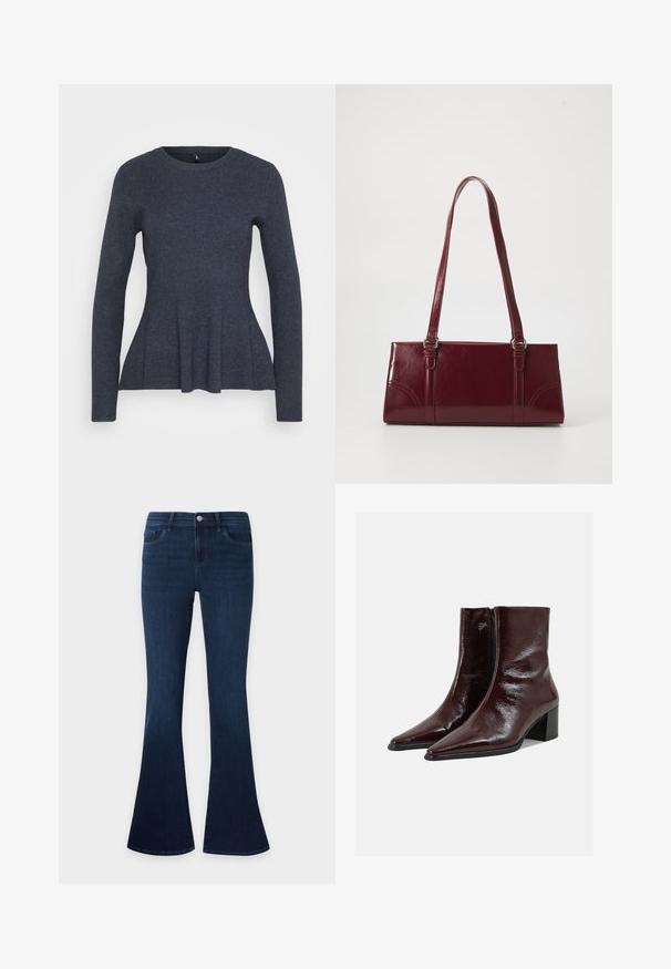 Mørkegrå langærmet strikket sweater med rund halsudskæring og en subtil flæse nederst.; Mørkeblå denimjeans med høj talje og flared ben, med forlommer, bæltestropper og knaplukning.; Skinnende mørkebrune læderankelstøvler med spidse tæer, sidelås og blokhæl på en ensfarvet lys grå baggrund.; Bordeaux håndtaske lavet af glansfuldt materiale, rektangulær form, med to skulderremme og subtile buede detaljer på forsiden.