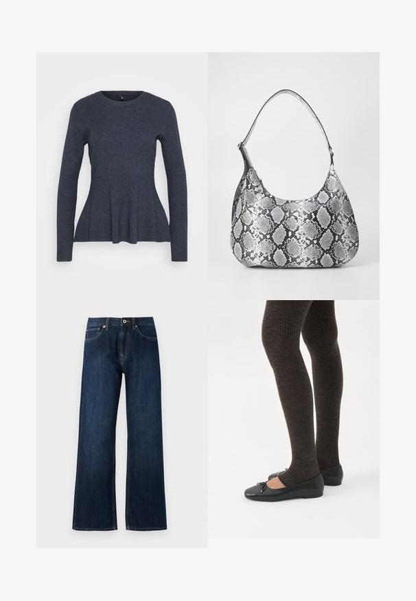 Mørkegrå langærmet strikket sweater med rund halsudskæring og en subtil flæse nederst.; Bredde ben mørkeblå jeans lavet af denim, med lynlås og knaplukning, samt to forreste lommer med kontrasterende syninger.; Ben iført mørke ribbede leggings kombineret med sorte balletsko med små sløjfedetaljer på hvid baggrund.; Sort-hvid slangemønster skuldertaske med en rund form, glat tekstur og en buet rem. Har et sølvfarvet hardware-accents.