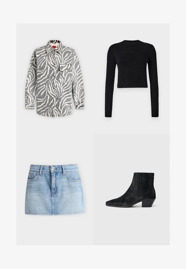 Pull cropped noir à manches longues avec des poignets et un ourlet côtelés, comportant un logo en relief subtil sur la poitrine.; Chemise à manches longues boutonnée avec imprimé zèbre gris et blanc, col pointu et poche avant à rabat sur fond uni.; Mini-jupe en denim bleu clair avec fermeture devant par bouton et zip, deux poches avant et passants pour ceinture.; Bottine noire à bout pointu, en matériau texturé imitant les cheveux, avec un panneau latéral à nervures et un petit talon carré. Un design simple et moderne.