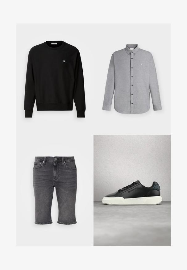 Must värvitud puuvilla segust valmistatud sweatshirt, millel on ümar kaelus, langevad õlad ja rindkere piirkonnas väike valge 'CK' logo.; Helehall hall pikkade varrukatega nööbitav särk nööbitava kraega ja väike "cK" logo tikandiga vasakul rinnal.; Tumedat hallid teksapüksid sirge lõikega, viie taskuga kujunduses ja rullitud säärega. Omab metallsidet ja peeneid õmbluse detaile.; Mustast nahast spordijalats valge tallaga, mustade paeltega ja reljeefse logoga, mis näib hõljuvat halli põranda kohal, taga klaasplokkidega sein.
