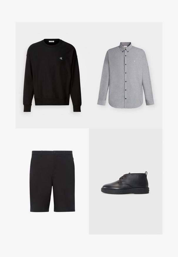Sort sweatshirt lavet af bomuldsblanding, med rund hals, drop-skulder og et lille hvidt 'CK' logo på brystet.; Lysegrå skjorte med lange ærmer, knapper foran og knaplukket krave samt det lille "cK" logo broderet på venstre bryst.; Sorte shorts lavet af letvægtsstof, med flad front, standard linning og sidelommer. Glat tekstur uden synlige mønstre.; Sorte læder ankelstøvler med glat tekstur, rund tå og sort gummisål. Har en snørelukning og en hælflap for nem påtagning.