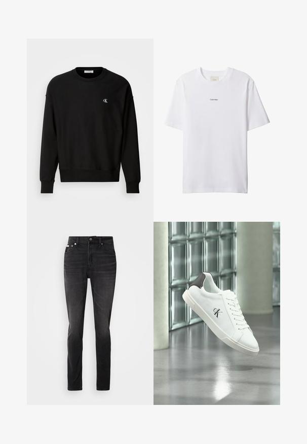 Zwarte sweatshirt van een katoenmix, met een ronde halslijn, drop schouders en een klein wit 'CK' logo op de borst.; Witte katoenen T-shirt met een ronde hals en korte mouwen. Heeft een klein zwart "Calvin Klein"-logo in het midden van de borst.; Zwarte denim jeans met een slim fit, vijf zakken ontwerp en knoopsluiting. Kenmerkt zich door een subtiele vervaging en stikselaccenten op de zakken.; Witte sneaker met zwarte hielstuk en "ck" logo, met veters, zwevend boven glanzende grijze vloer met glasstenen muur en zuilen op de achtergrond.