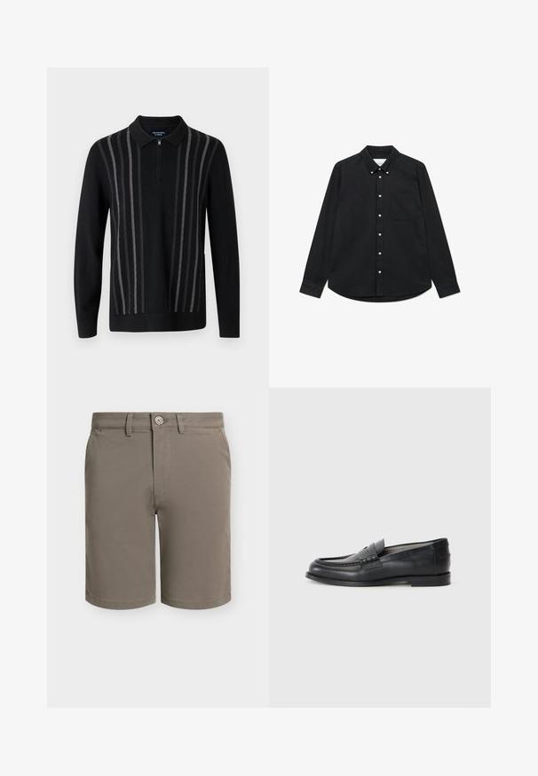 Schwarzer Pullover mit Reißverschlusskragen, mit vertikalen grauen Streifen, aus weichem Strickstoff, mit langen Ärmeln und seitlichen Schlitzen.; Schwarzes Langarmhemd aus gewebtem Stoff mit feinem Karomuster, Button-down-Kragen, Fronttasche und weißen Knöpfen.; Herrenknielange Shorts in Taupe mit Knopfverschluss, Gürtelschlaufen und Seitentaschen, präsentiert vor weißem Hintergrund.; Schwarze Lederloafers mit glatter Oberfläche, abgerundeter Spitze, dekorativem Riemen und minimalistischer Gestaltung. Verfügt über einen niedrigen Blockabsatz.