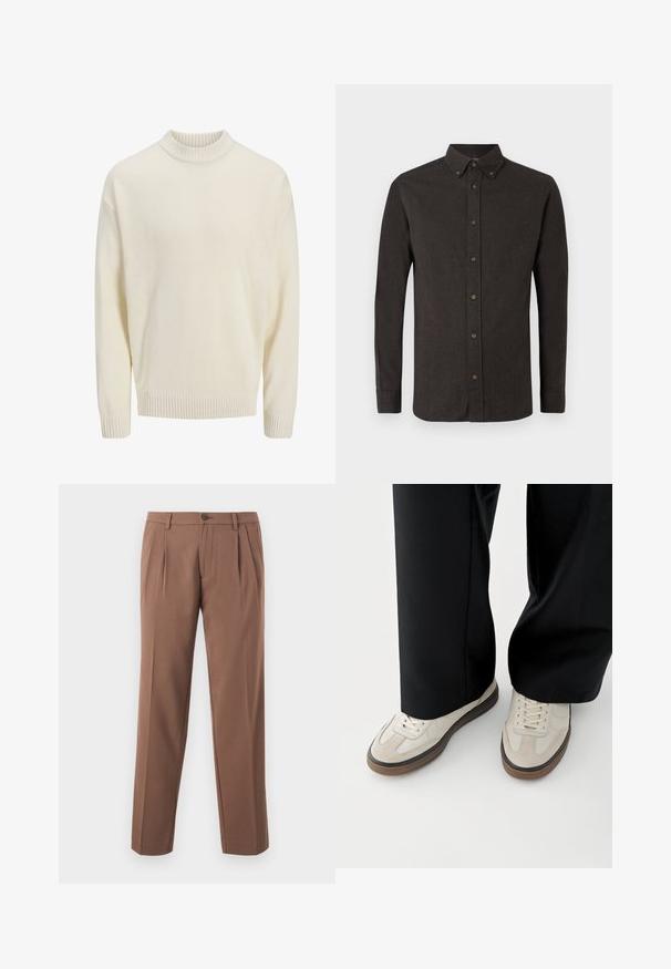 Hvid strikket sweater med en ribbet rund halsudskæring og ribbede ærmekanter. Stofmaterialet har en glat tekstur og en afslappet pasform.; Mørkebrune knap-op skjorte med spidse krave, lange ærmer og brune knapdetaljer. Tekstureret stof med et ensartet mønster.; Brune plisserede bukser med lige ben-design, der har en enkelt knaplukning og en glat, struktureret stof.; Fødder iført beige sneakers med brune såler og sorte bukser med vide ben på hvid baggrund.