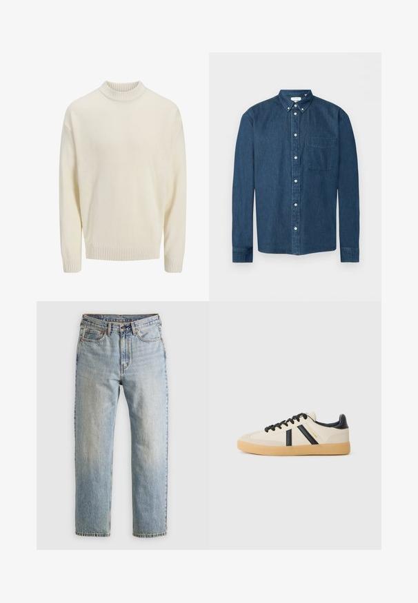 Suéter blanco de punto con un cuello redondo de canalé y puños de canalé. La tela tiene una textura suave y un corte relajado.; Camisa de mezclilla azul oscuro con botones, mangas largas, un bolsillo delantero a la izquierda y cuello abotonado, mostrada sobre un fondo blanco.; Jeans de mezclilla azul claro de cintura alta, con botón frontal, cremallera y diseño de cinco bolsillos, dispuestos sobre un fondo neutro.; Zapatillas casuales en crema con rayas negras, con parte superior texturizada y suela de goma. Los cordones son negros. Logo sutil en el costado.