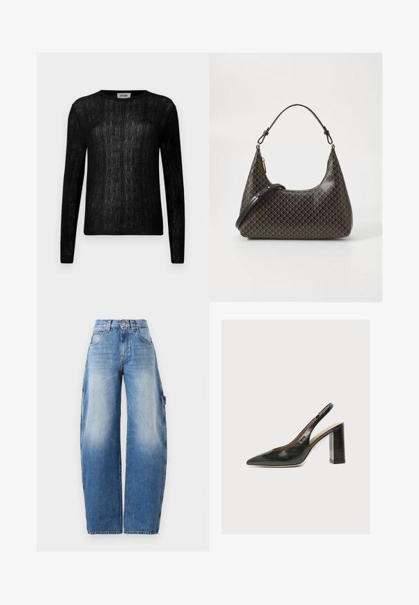 Schwarzes Langarmoberteil mit strukturiertem Strickmuster, rundem Ausschnitt und taillierter Silhouette. Weiches Material mit semi-transparentem Aussehen.; Helle blaue Schlagjeans aus Denim. Mit hoher Taille, leichter Ausbleichung, großen Seitentaschen und kontrastierenden Nähdetails.; Schwarzer Leder-Damenslingback-Schuh mit spitzer Zehenpartie und dickem hohem Blockabsatz vor weißem Hintergrund.; Schwarzlederne Schultertasche mit einem wiederholenden beigen geometrischen Muster, goldener Reißverschluss und zwei verstellbaren Trägern auf einem weißen Hintergrund.