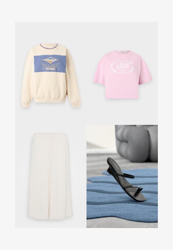 Kremfarvet sweatshirt med blå brystpanel med Billabong-logo og teksten "Since 1973", bølgemønster på kravekant.; Lyserød croppet T-shirt med hvidt hjerte-design og teksten "Chica Caliente" foran, korte ærmer og rund halsudskæring.; Hvide linned culotter med elastisk talje, brede ben og en tekstureret overflade. Beklædningen har en løs, afslappet pasform for komfort.; Sort sandal med remme og tå-loop vist på et blåt tekstureret tæppe, med en stor grå dekorativ genstand sløret i baggrunden.