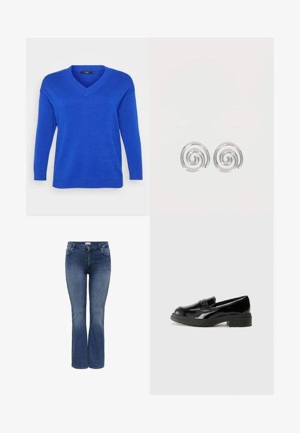 Blå v-hals sweater med lange ærmer, ribbede manchetter og kant; lavet af et blødt, struktureret materiale. Enkel design uden mønstre eller accenter.; Denim flared jeans i mellemblå med en glat tekstur, der har forlommer og en lynlåslukning. Diskret slidte detaljer.; Sorte patenterede lædersko med en tykk sort gummisål, der har en syet front og en glat, skinnende overflade.; Par sølvspiral øreringe med glat, afrundet design på en ensartet hvid baggrund.