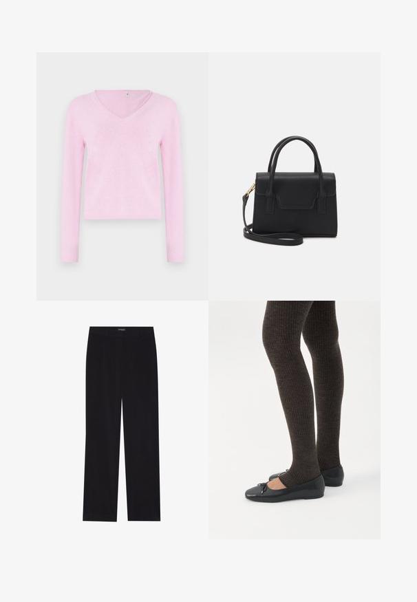 Pull à manches longues en col V de couleur rose clair, doté d'une texture douce et d'une coupe courte. Aucun motif ou accessoire supplémentaire visible.; Pantalon en velours côtelé noir avec une coupe droite, doté d'une taille plate et sans poches visibles, texture lisse et détail en côtes verticales.; Jambes portant des leggings côtelés foncés associés à des ballerines noires avec de petits détails en nœud sur fond blanc.; Sac à main structuré noir en cuir avec une poignée supérieure, une bandoulière détachable et un détail à rabat à l'avant. Accents en matériel doré.