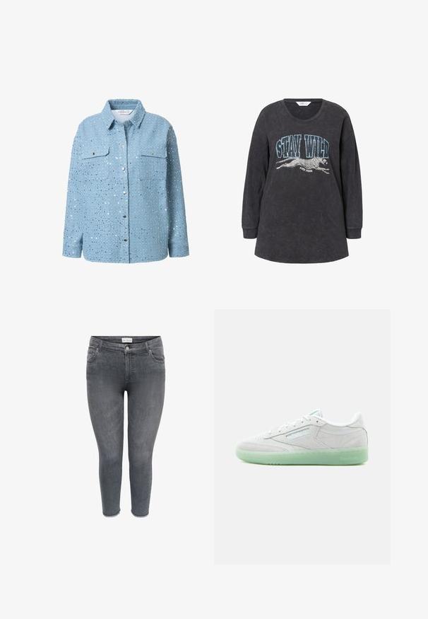 Overdimensioneret sort sweatshirt med rund hals, lange ærmer og et grafisk print af en gepard samt teksten "STAY WILD" i blå og hvid.; Lysblå denimskjorte med sølvfarvede pailletter, lange ærmer, krave, to brystlommer og trykknaplukning. Glat tekstur og detaljeret udsmykning.; Smal pasform, grå denim jeans med forlommer, knaplukning og flossede kanter.; Hvid lavtop-sneaker med ruskindsoverdel og gennemsigtig lys grøn sål, der viser Reebok-logo på siden og hælflappen.
