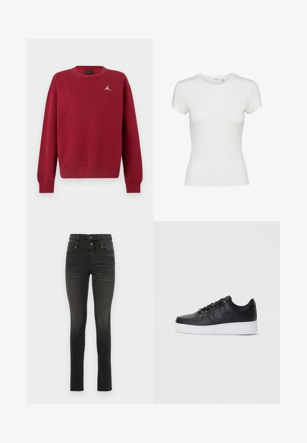 Rode trui met lange mouwen, geribbelde manchetten en zoom, met een wit logo op de borst. Gemaakt van zacht katoenen materiaal.; Aware AWINES - T-shirt basic - snow white; Zwarte skinny jeans van denim met een hoge taille, voorzien van dubbele knopen, vijf zakken en subtiele vervaging langs de benen.; Zwarte leren sneaker met geperforeerde neus, witte rubberen zool en een gestructureerd Nike-logo. Beschikt over ronde veters en een gewatteerde kraag.