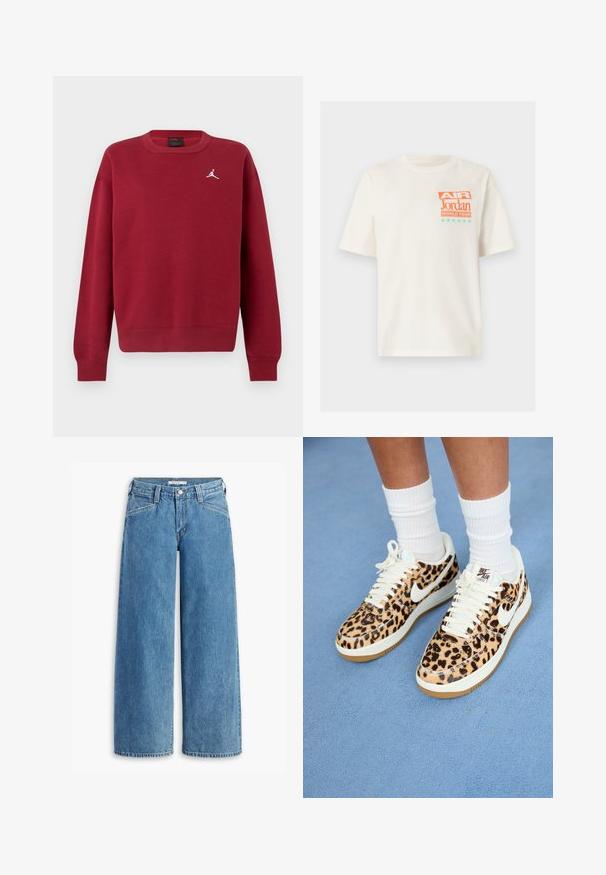 Rød sweatshirt med lange ærmer, ribbet manchetter og kant, med en hvid logo på brystet. Lavet af blødt bomuldsmateriale.; Hvid T-shirt med korte ærmer og orange samt blågrøn "Air Jordan World Tour" tekst og seks blågrønne stjerner på øverste venstre bryst.; Lysblå bredbenede jeans lavet af denim, med høj talje, fem lommer og en klassisk knaplukning. Lige snit fra lår til kant.; Leopardprint Nike Air Force 1 sneakers med hvide snørebånd og swoosh, med en tan gummisål og tekstureret overdel. Hvide crew-sokker synlige.