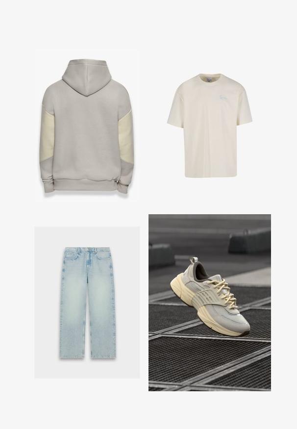 Sweat-shirt à capuche gris clair avec des accents crème sur les manches. Il présente une texture douce et une coupe décontractée, avec des poignets et un ourlet côtelés.; T-shirt en coton crème avec un col rond et des manches courtes, comportant un petit logo brodé bleu sur le côté gauche de la poitrine.; Jean en denim bleu clair, taille haute, avec une coupe droite, texture décolorée et un style classique à cinq poches.; Baskets en maille beige avec des accents gris clair, semelle texturée et lacets plats, dotées d'un col rembourré et d'une semelle extérieure en caoutchouc sculptée.