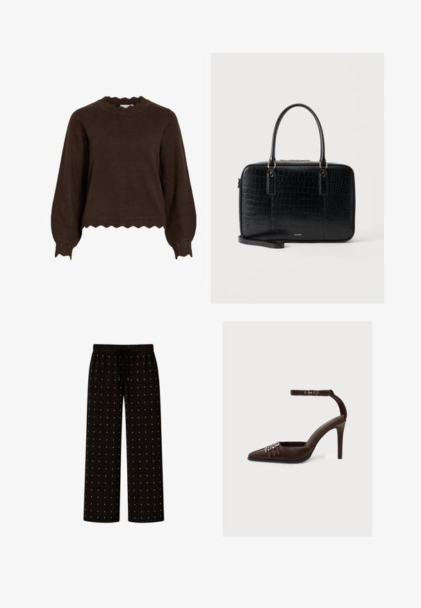 Pull en maille marron foncé avec bords festonnés aux poignets, à l'ourlet et à l'encolure, manches longues bouffantes et coupe décontractée.; Pantalon ample noir avec une taille élastique, cordons de serrage et un motif de petits points dorés régulièrement espacés.; Chaussure à talon haut en cuir marron avec bout pointu, trois boucles décoratives argentées à l'avant et bride à la cheville avec boucle argentée.; Sac à main rectangulaire noir avec texture crocodile, deux poignées supérieures, petit logo doré ALDO et bandoulière amovible sur fond blanc.