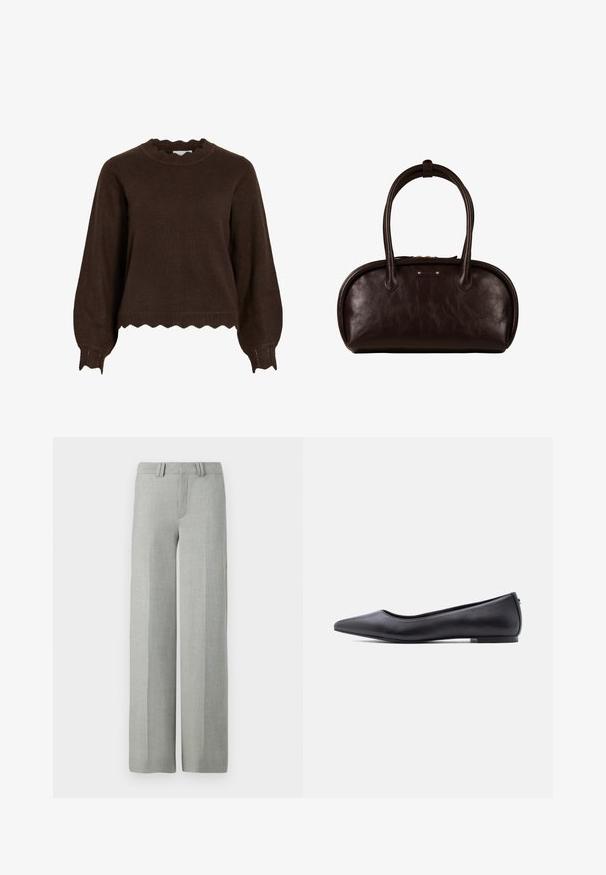 Jersey de punto marrón oscuro con bordes ondulados en los puños, dobladillo y escote, con mangas largas abullonadas y un ajuste relajado.; Pantalones gris de pierna ancha en una tela ligera, con un frente plano, presillas para cinturón y líneas limpias y ajustadas sin patrones visibles.; Zapato plano de cuero negro con punta puntiaguda y tacón bajo, mostrado de perfil contra un fondo blanco.; Bolso de cuero marrón oscuro con bordes superiores redondeados, dos asas largas y una pequeña placa rectangular con el logo en el frente.