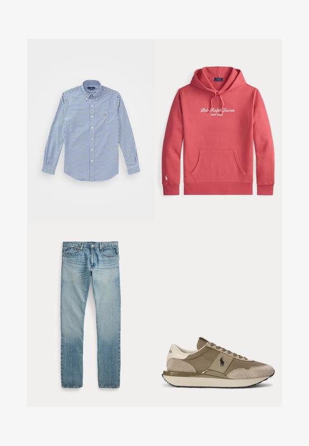 Punane kapuutsiga dressipluus eest tasku, paelad ja valge "Polo Ralph Lauren New York" tekst rinnal, pluss väike logo vasakul varrukal.; Sinine ja valge ruuduline pikakäistega särk, millel on nööpidega kaelus ja rinnal väike tikandatud logo. Puuvillane materjal.; Hele sinised sirge säärega teksapüksid viie tasku, nööpidega kinnituse ja õrnade pleekinud detailidega reite ja põlvede ümber.; Bežide ja pruuni tossu külgvaade, millel on seemisnahast detailid ja Polo logo küljes, ühevärvilise tausta ees.