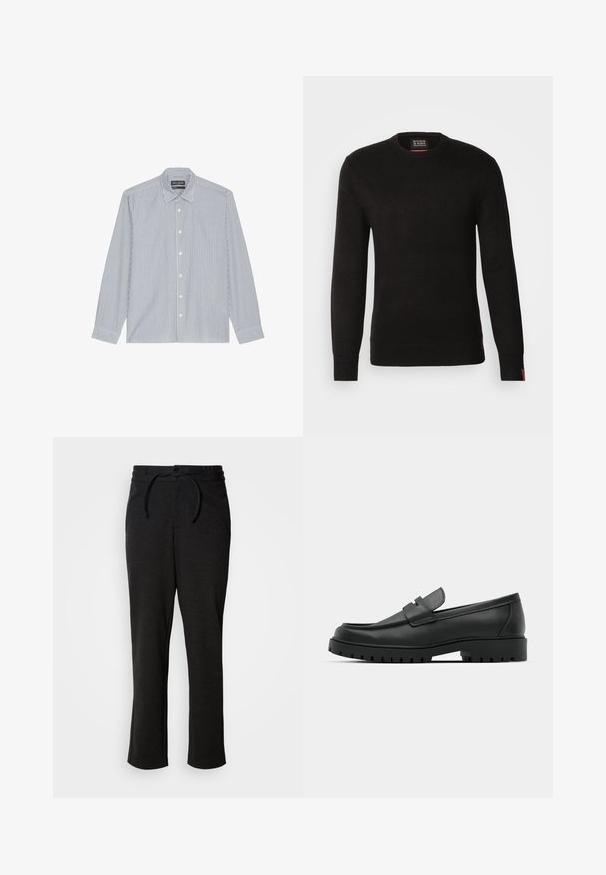 Scotch & Soda REGULAR FIT CREW NECK - Pullover - meteorite; Chemise à boutons rayée bleue et blanche avec un col évasé, manches longues et boutons en plastique. Tissu doux avec un détail de motif vertical.; Pantalons en tricot noirs avec un waistband à cordon de serrage, coupe droite et poches latérales. Texture douce avec une finition lisse.; Mocassins en cuir noir à bout arrondi, avec un design cousu, une semelle plateforme basse et une semelle en caoutchouc texturée et crantée.