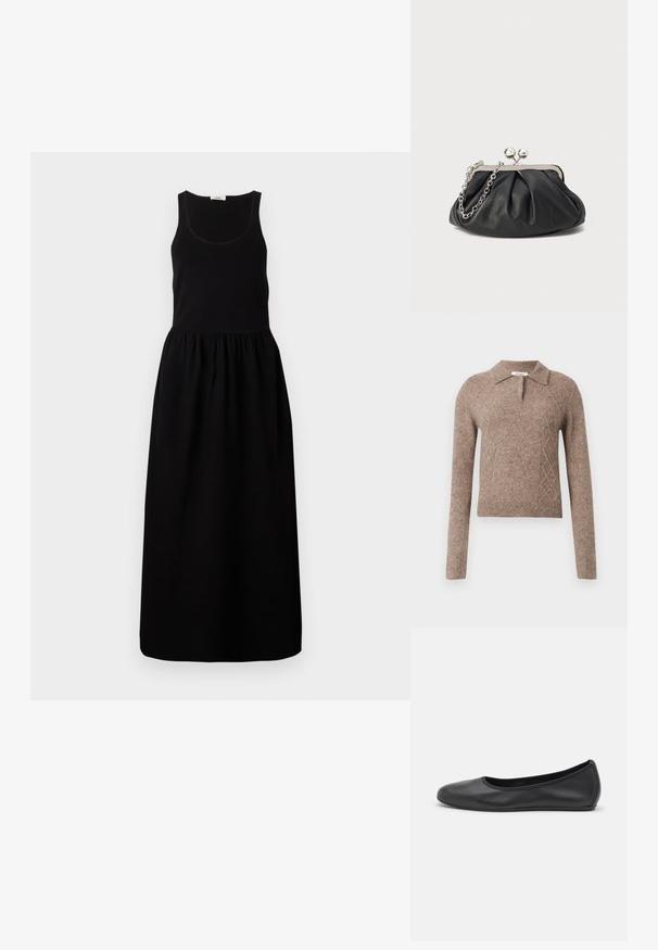 Suéter de lana marrón con cuello tipo camisa, que presenta un patrón de rombos y mangas largas, terminado con puños y dobladillo acanalados.; Vestido maxi negro sin mangas con un cuerpo ajustado, cinturilla fruncida y falda fluida. Hecho de una tela suave con una textura lisa.; Bailarina de piel negra con punta redondeada, textura suave, detalle de costura minimalista y diseño de suela flexible.; Clutch de cuero negro con textura arrugada, marco de metal en tono plateado, cierre de beso y cadena para colgar. Superficie suave y lisa.