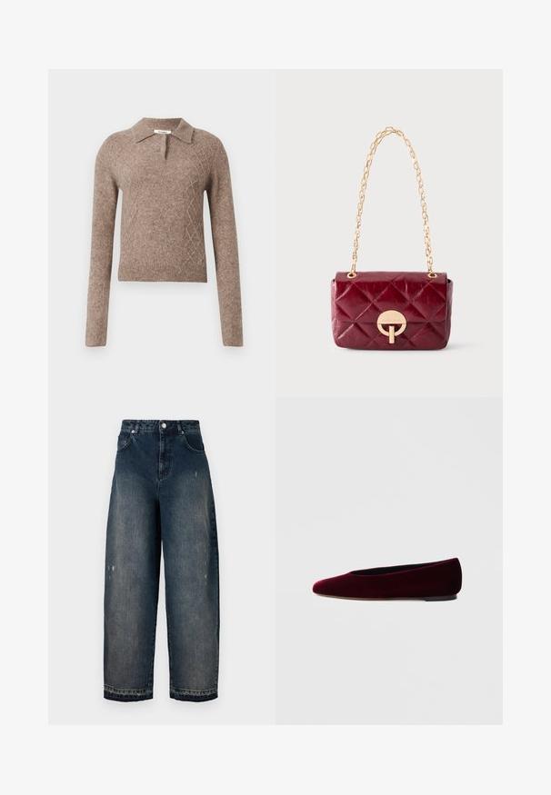Bruine wollen trui met een kraaghalslijn, voorzien van een ruitpatroon en lange mouwen, afgewerkt met geribbelde manchetten en onderrand.; Donkerdenim wijde pijpen jeans met een hoge taille, vijf zakken, zichtbare stiksels en lichte slijtage aan de voorkant. Klassieke knoop- en ritssluiting.; Bordeauxrode ballerina's van fluweel met een ronde neus en lage hak, met een gladde textuur en strakke vormgeving.; Kleine donkerrode doorgestikte leren handtas met gouden ronde sluiting en gouden kettingriem op een effen achtergrond.