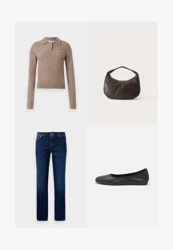 Pull en laine marron avec un col, présentant un motif en losanges et des manches longues, terminé par des poignets et un ourlet côtelés.; Jean en denim bleu foncé avec une coupe droite, doté d'une taille classique, de cinq poches et de détails de couture subtils sur les coutures.; Ballerines en cuir noir avec un bout rond, texture lisse, détails de couture minimalistes et design de semelle flexible.; Petit sac à main marron foncé texturé avec une courte bandoulière et un fond arrondi sur un fond clair uni.