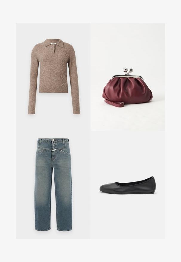 Bruine wollen trui met een kraaghalslijn, voorzien van een ruitpatroon en lange mouwen, afgewerkt met geribbelde manchetten en onderrand.; CLOSED STOVER X - Jeans Tapered Fit - mid blue; Zwarte leren ballerina met een ronde neus, gladde textuur, minimale stikdetails en een flexibele zoolontwerp.; Kleine bordeauxrode leren clutch-portemonnee met zilverkleurige metalen sluiting en polsbandje op een witte achtergrond.