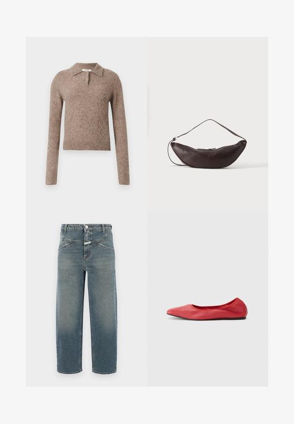Pull en laine marron avec un col, présentant un motif en losanges et des manches longues, terminé par des poignets et un ourlet côtelés.; CLOSED STOVER X - Jeans fuselé - mid blue; Filippa K REY FLATS - Ballerines - bright red; Sac d'épaule en cuir marron foncé en forme de croissant avec une lanière courbée et des coutures visibles sur fond uni.