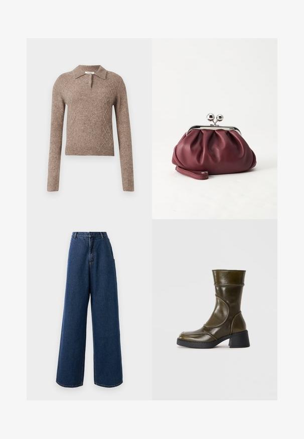 Pull en laine marron avec un col, présentant un motif en losanges et des manches longues, terminé par des poignets et un ourlet côtelés.; Jean taille haute à jambes larges en denim bleu foncé avec fermeture à bouton et à zip à l'avant, passants de ceinture et poches latérales.; Bottine en cuir vert olive avec un bout arrondi, un panneau élastique et un talon épais noir. Texture lisse et détails de couture subtils.; Petit sac pochette en cuir bordeaux avec fermoir métallique argenté et bracelet sur fond blanc.
