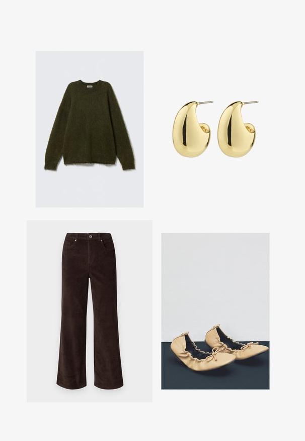 Suéter verde de mezcla de mohair con mangas largas, cuello redondo y textura esponjosa, con un ajuste relajado y sin cierres visibles.; Vero Moda Petite VMTESSA PANTS - Pantalones - chocolate torte; Bailarinas de cuero en color nude, con bordes fruncidos, puntas afiladas y lazos decorativos en la parte delantera, descansando sobre una superficie negra contra un fondo blanco.; Pendientes de stud en tono dorado con una superficie suave y pulida, que presentan una forma abstracta en forma de lágrima. Hardware de metal simple para la sujeción.