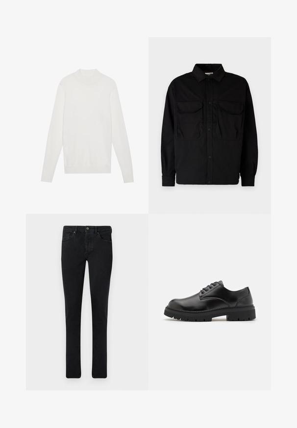 Valge kootud kampsun kõrge kaelusega, pikkade varrukatega ning ribakujuliste pitsidega ja äärega. Valmistatud pehmest kootud kangast. Lihtne ja keha ligihoidev disain.; Jack & Jones JCOHELVETICA PARACHUTE OVERSHIRT - Pluus - black; Tumedad teksased pükstest slim-fit lõikega, viie taskuga disain ja metallnupukinnitus. Sile tekstuur ja ühtlane värv üle kogu pinnale.; Mustad mustad nahast jalanõud, millel on ümardatud varvas, paeltega disain ja paks, tekstuuriga kummitald. Omab äärte pikeeringut ja siledat viimistlust.