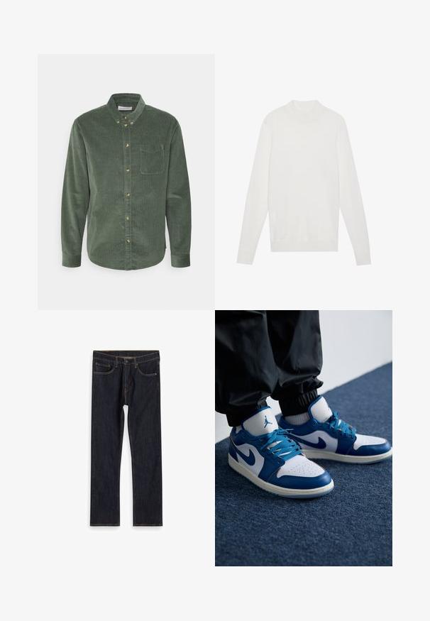 Pull-over blanc avec un col montant, des manches longues et des poignets et un ourlet côtelés. Fabriqué en tissu tricoté doux. Design simple et ajusté.; Chemise boutonnée en velours côtelé vert, à manches longues, avec un col, une poche avant et des boutons dorés. Elle présente un tissu texturé et un ourlet incurvé.; Jean droit en denim bleu foncé avec poches avant, passants de ceinture et coutures orange contrastées, posé à plat sur un fond blanc.; Les baskets Nike Air Jordan présentent une base en cuir blanc avec des accents en synthétique bleu, une boîte à orteils perforée et des lacets bleus.