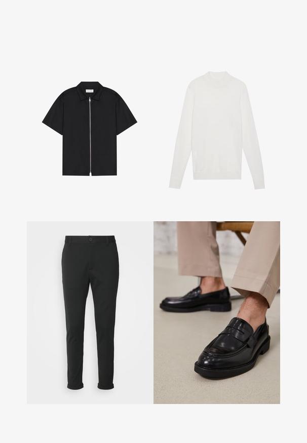 Pull-over blanc avec un col montant, des manches longues et des poignets et un ourlet côtelés. Fabriqué en tissu tricoté doux. Design simple et ajusté.; Chemise noire à manches courtes avec un col net et une fermeture éclair sur le devant. Tissu lisse avec un léger éclat, sans motifs ni accents visibles.; Pantalons noirs en tissu lisse avec une coupe droite. Présentent une fermeture à bouton unique et des ourlets roulés.; Mocassins en cuir noir avec une finition lisse, ornés d'une sangle décorative et de coutures contrastées, associés à un pantalon beige.