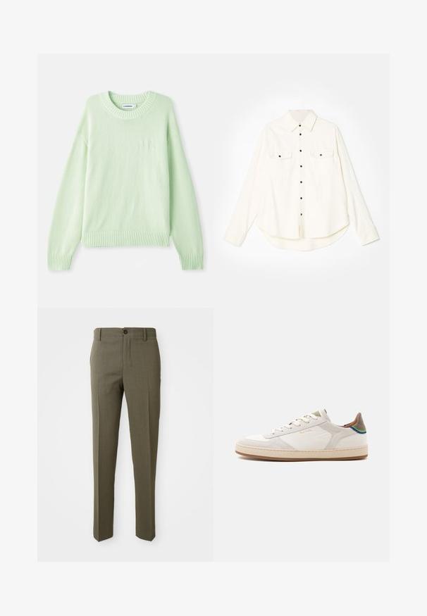 Pull en maille vert clair avec un col rond, des poignets et un ourlet côtelés. Il présente un discret logo sur la poitrine gauche.; Chemise blanche à boutons, à manches longues, avec deux poches poitrine, boutons noirs et ourlet arrondi. Fabriquée dans un tissu doux et texturé.; Pantalons ajustés vert olive avec une texture lisse, coupe droite, bouton avant unique et poches latérales pour la fonctionnalité.; Baskets basses blanches avec semelle beige, lacets à l’avant, détail vert et bleu sur le talon, et discret logo doré "Paul Smith" sur le côté.